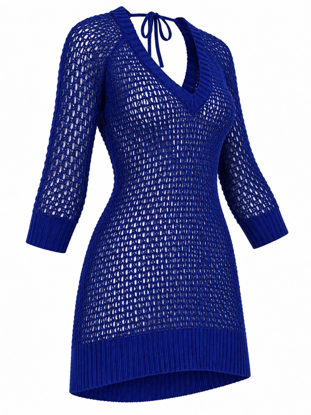 Dynamite Royal Blue Open-Knit V-Neck Sweater